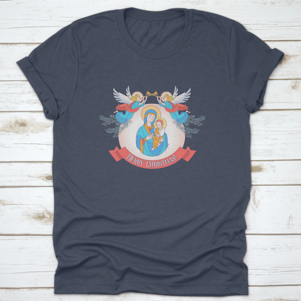 A festive t-shirt featuring Blessed Mary in a blue tunic holding Baby Jesus, perfect for Christmas celebrations.