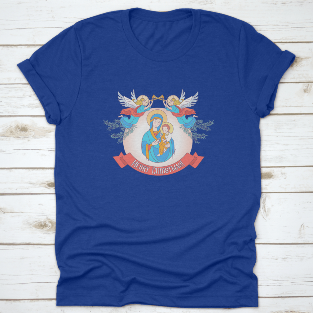 A festive t-shirt featuring Blessed Mary in a blue tunic holding Baby Jesus, perfect for Christmas celebrations.