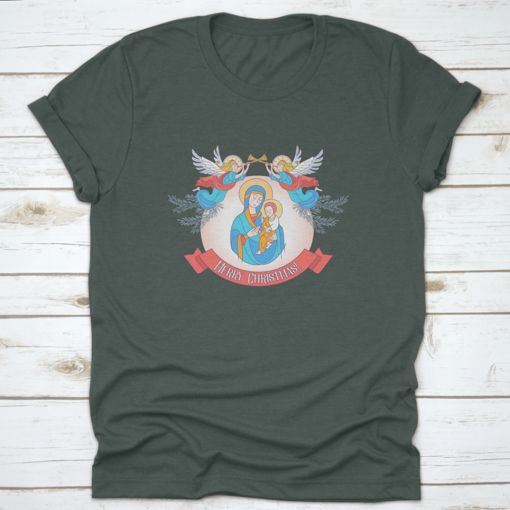 A festive t-shirt featuring Blessed Mary in a blue tunic holding Baby Jesus, perfect for Christmas celebrations.