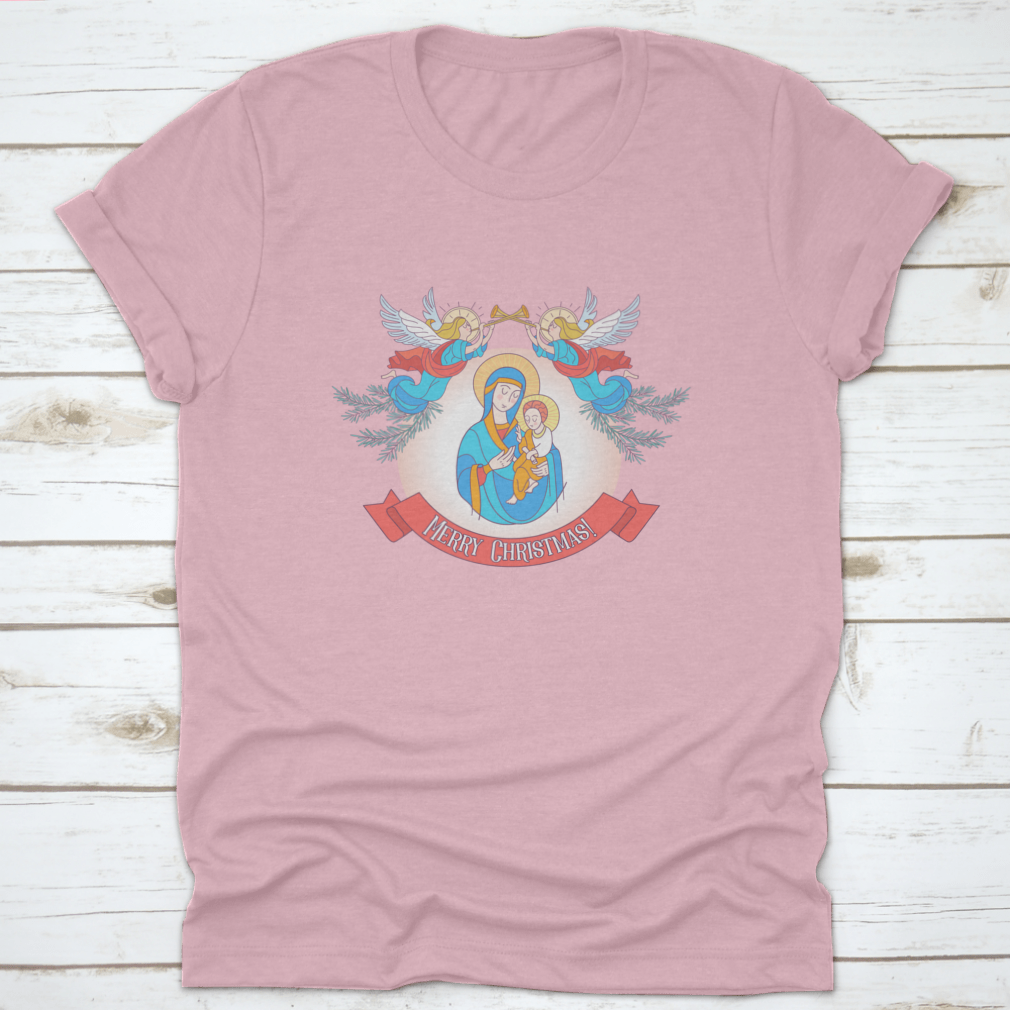 A festive t-shirt featuring Blessed Mary in a blue tunic holding Baby Jesus, perfect for Christmas celebrations.