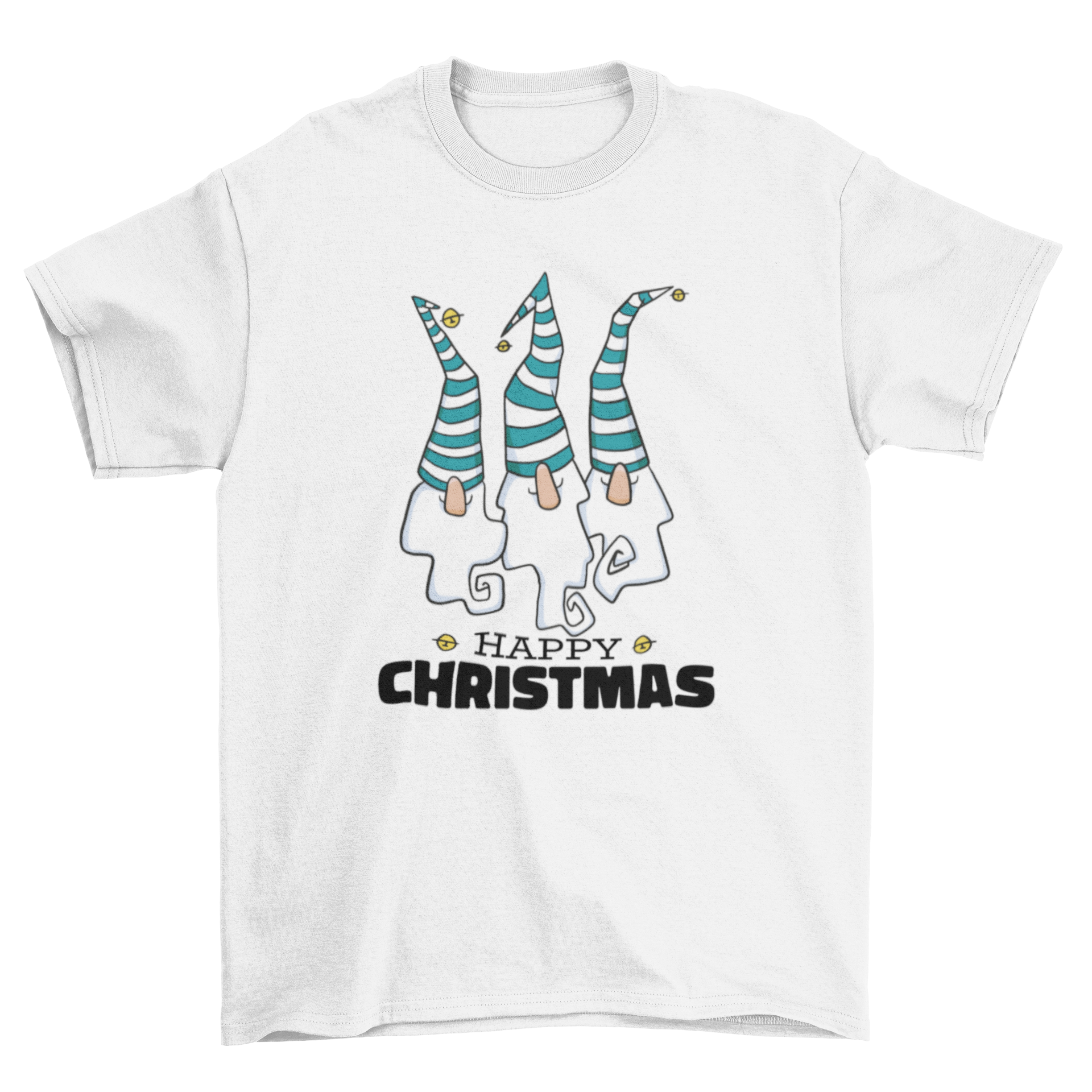 A festive t-shirt featuring three colorful Christmas gnomes with the quote 'Merry Christmas'.