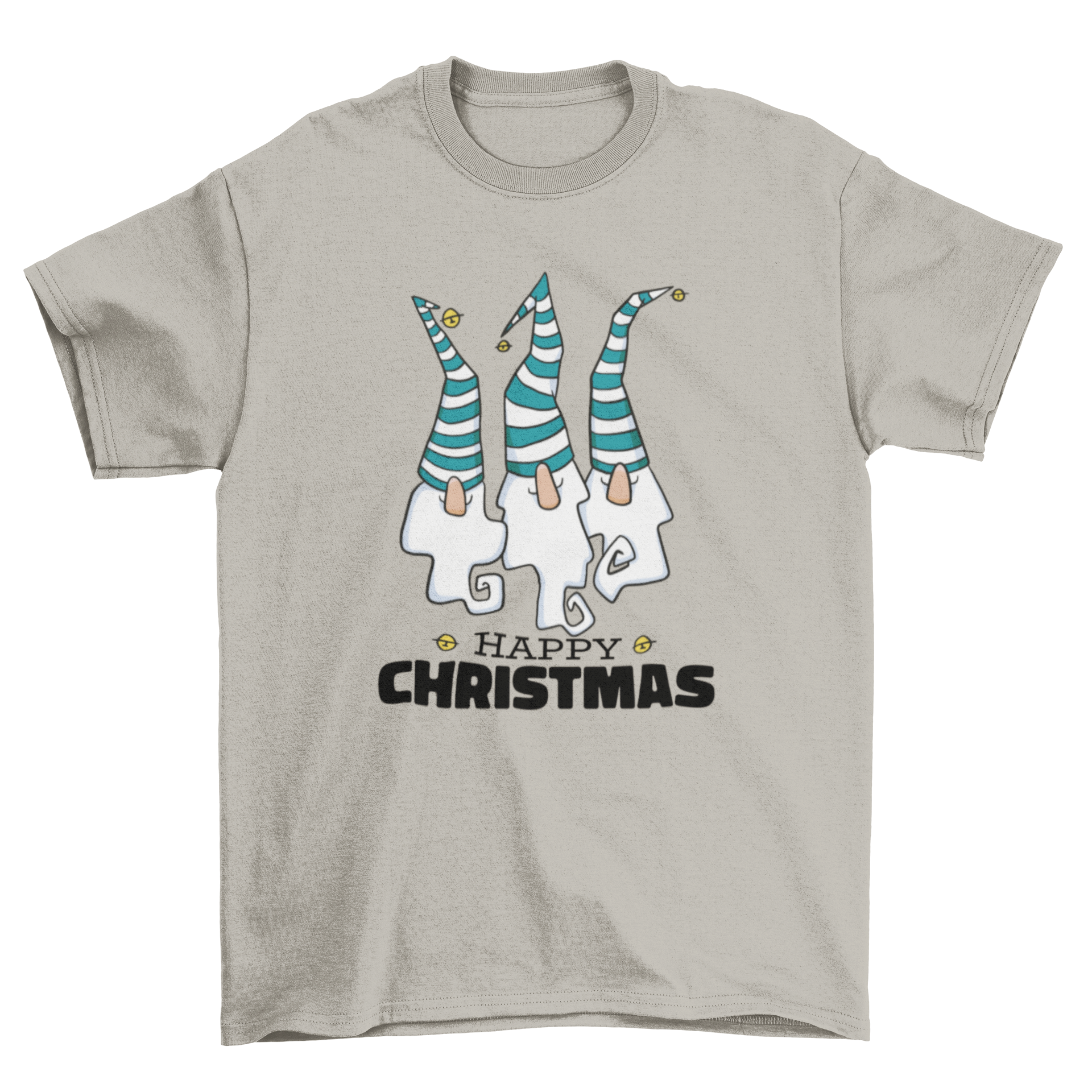 A festive t-shirt featuring three colorful Christmas gnomes with the quote 'Merry Christmas'.