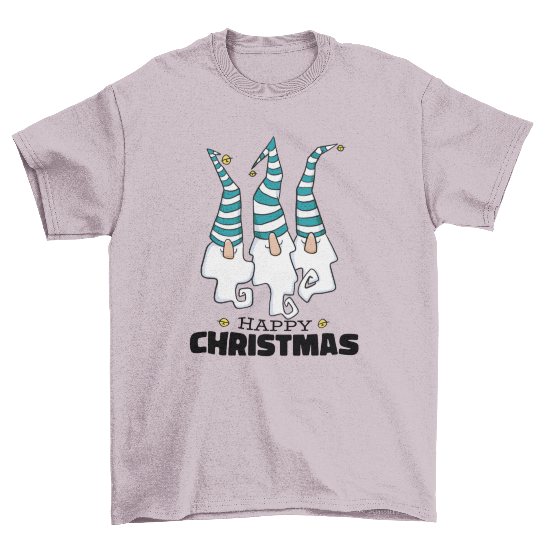 A festive t-shirt featuring three colorful Christmas gnomes with the quote 'Merry Christmas'.