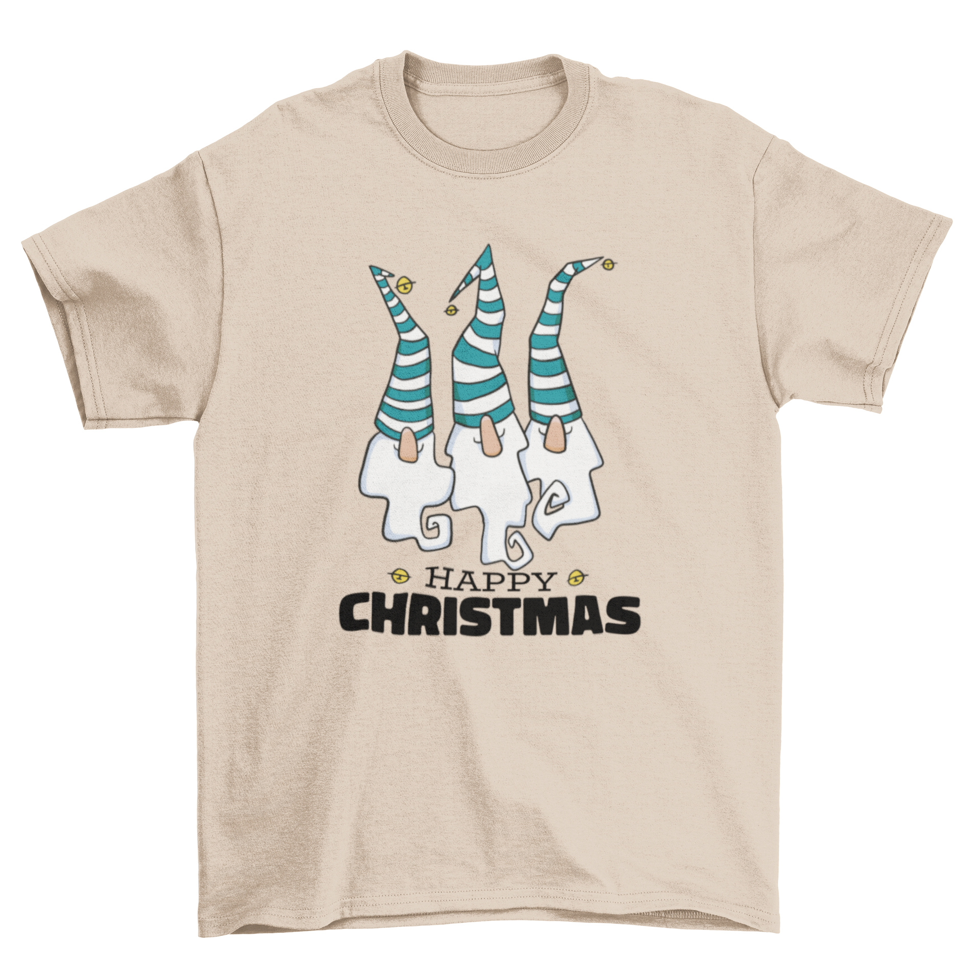 A festive t-shirt featuring three colorful Christmas gnomes with the quote 'Merry Christmas'.
