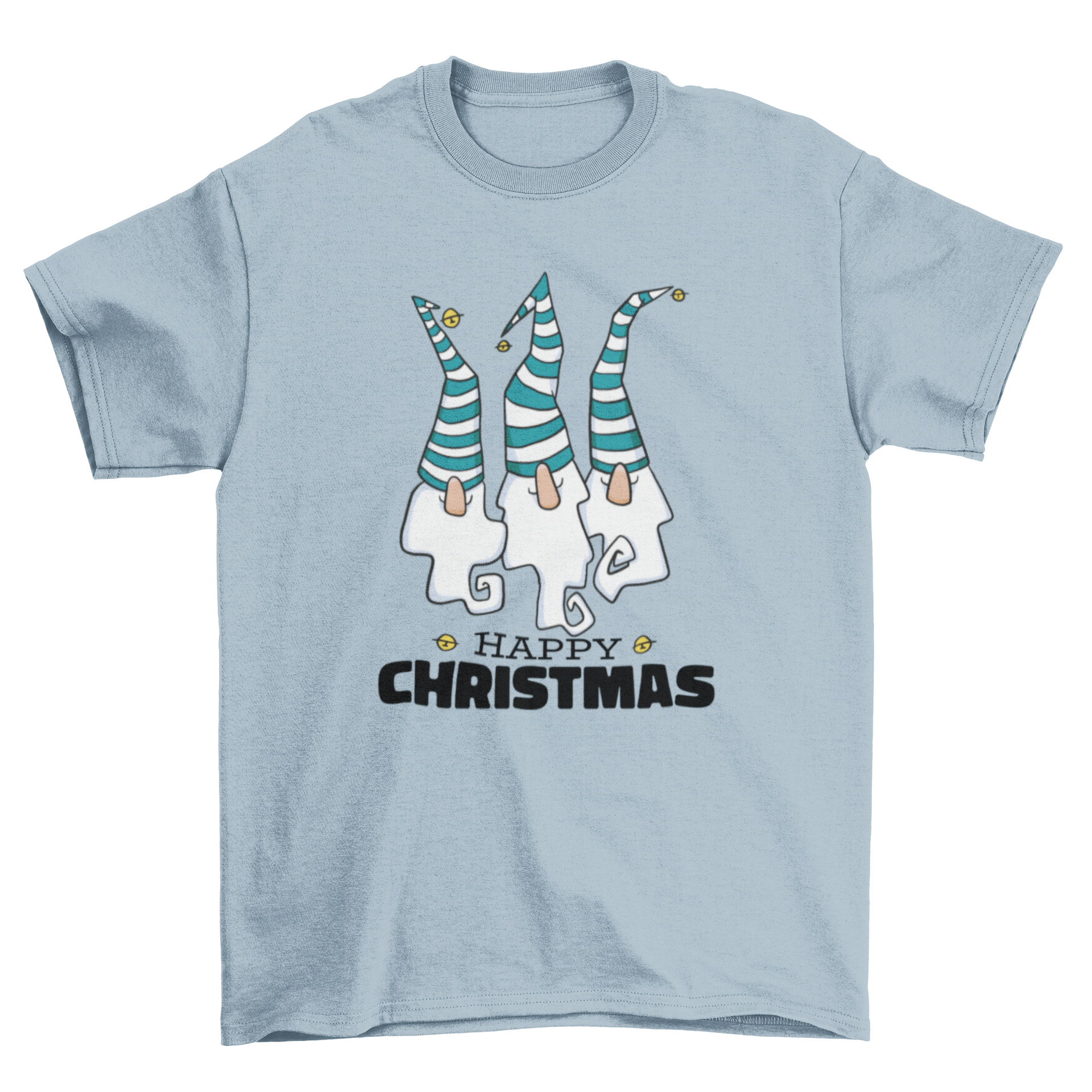 A festive t-shirt featuring three colorful Christmas gnomes with the quote 'Merry Christmas'.