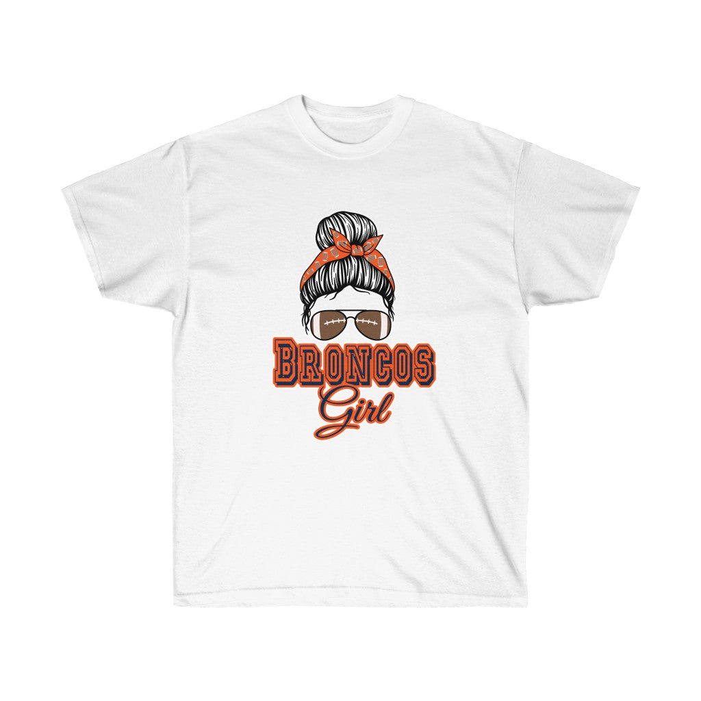 Messy Bun Football Broncos Girl T-Shirt featuring a trendy design for fans, showcasing team spirit and comfort.