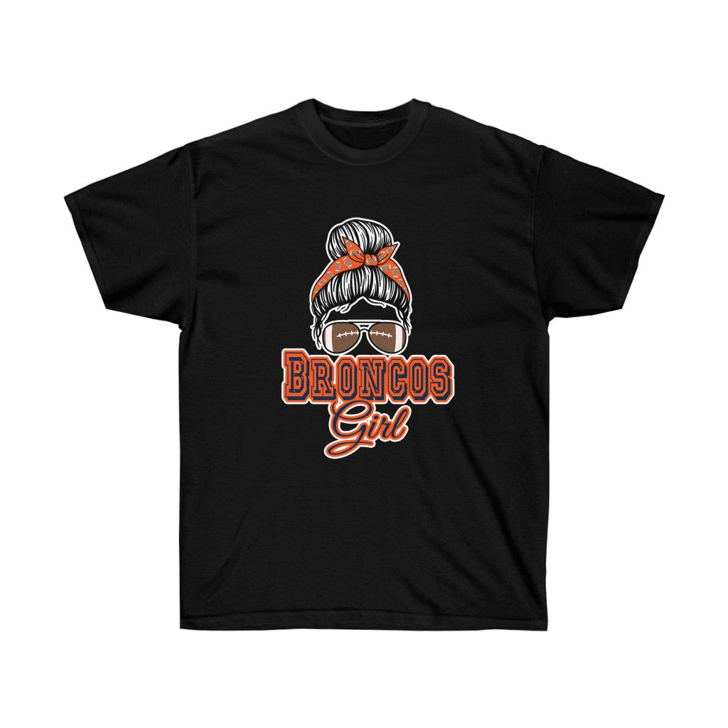 Messy Bun Football Broncos Girl T-Shirt featuring a trendy design for fans, showcasing team spirit and comfort.