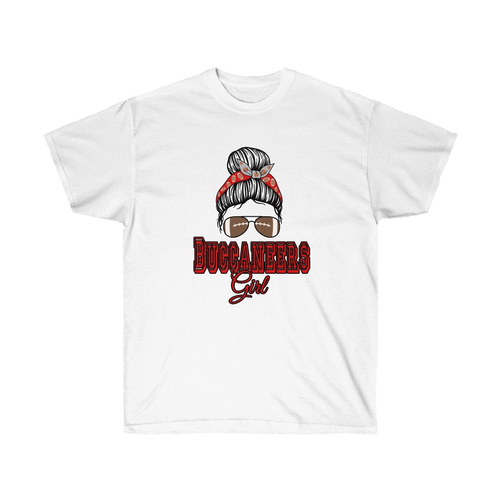 A stylish Messy Bun Football Buccaneers Girl T-Shirt featuring a trendy messy bun design, perfect for young fans of the Tampa Bay Buccaneers.