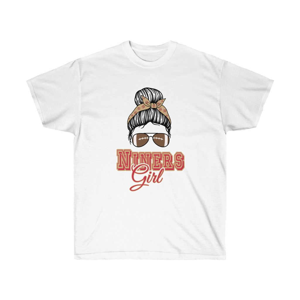 Messy Bun Football Niners Girl T-Shirt featuring a stylish design with a messy bun graphic and the San Francisco 49ers logo.