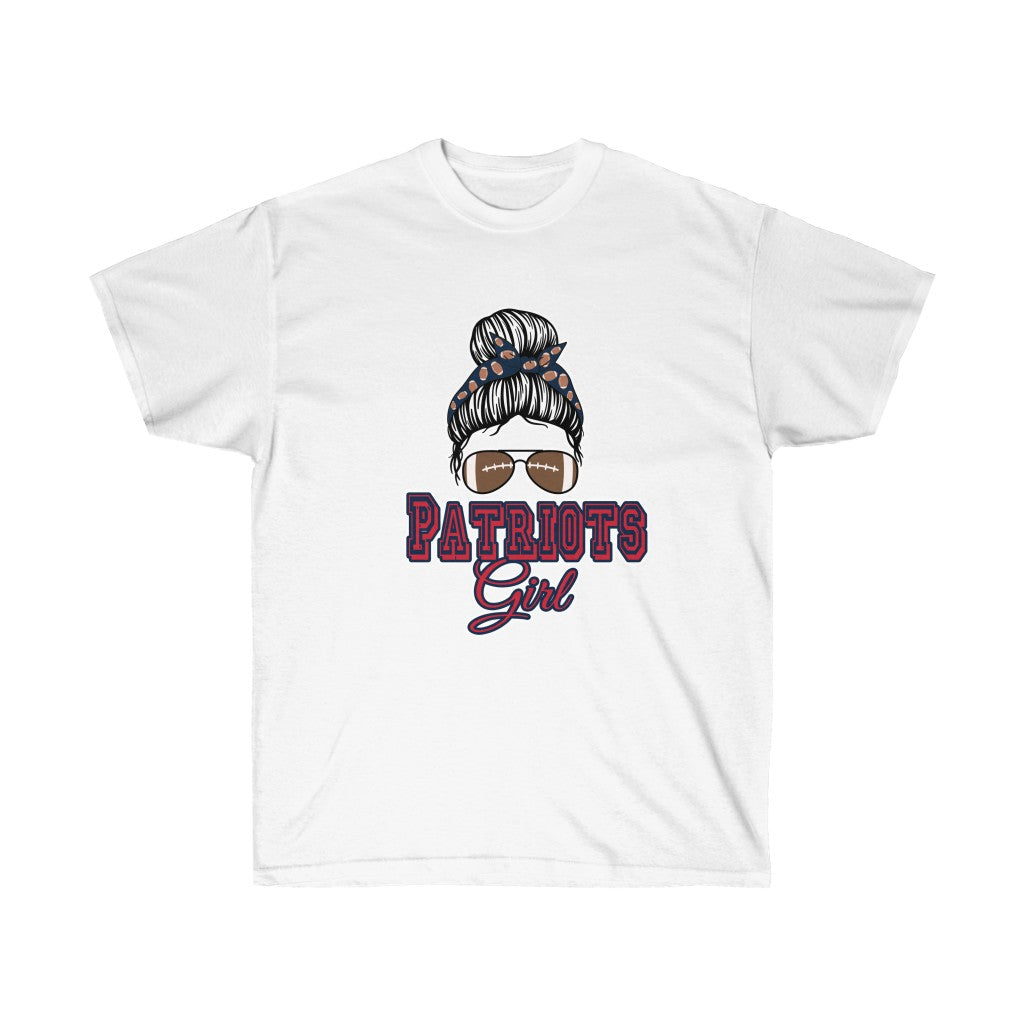 Messy Bun Football Patriots Girl T-Shirt featuring a trendy design for female fans, showcasing team spirit and comfort.