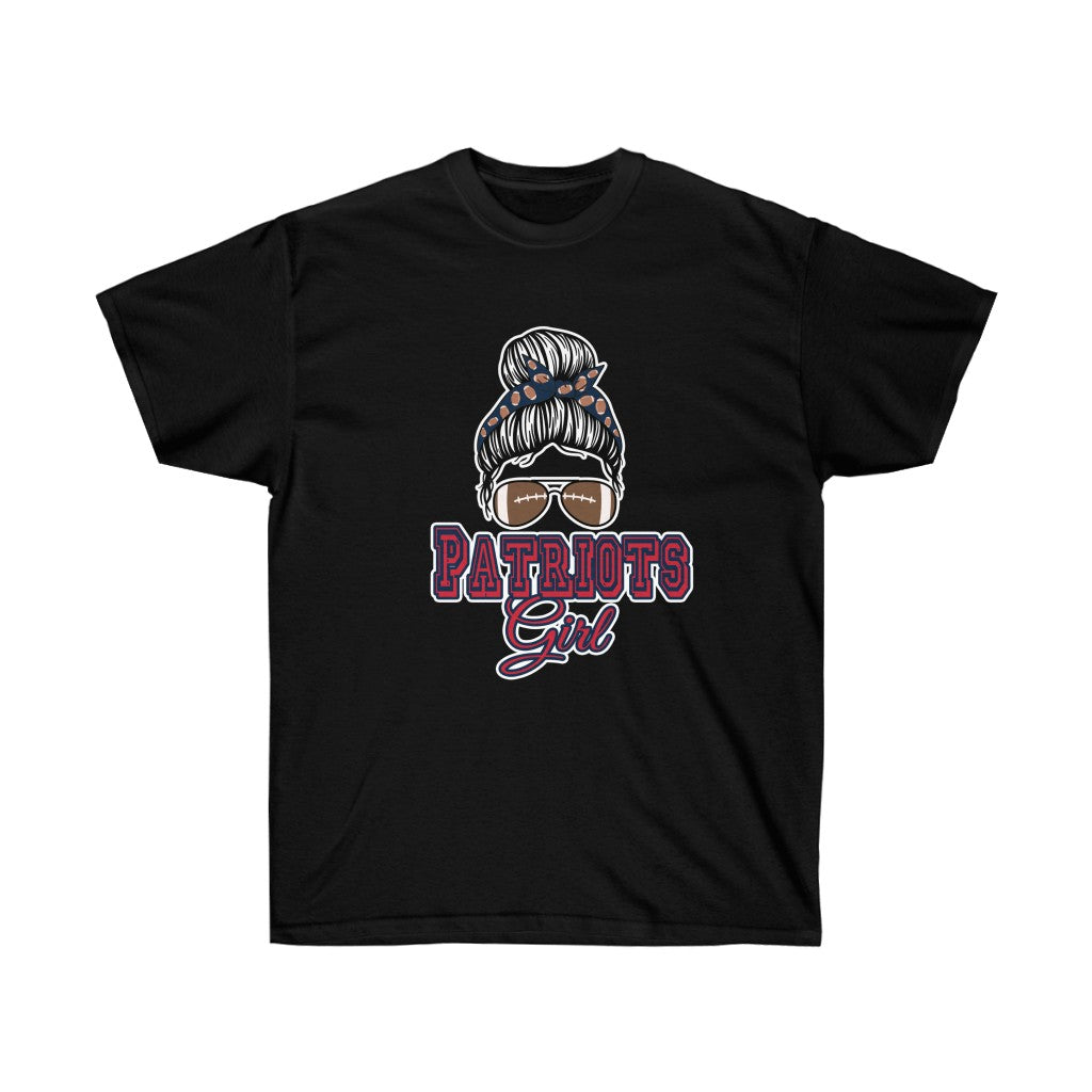 Messy Bun Football Patriots Girl T-Shirt featuring a trendy design for female fans, showcasing team spirit and comfort.