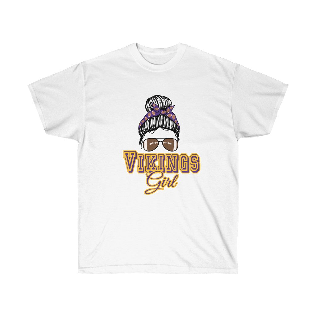 Messy Bun Football Vikings Girl T-Shirt featuring a stylish design, made from 100% soft cotton with a durable vinyl print.