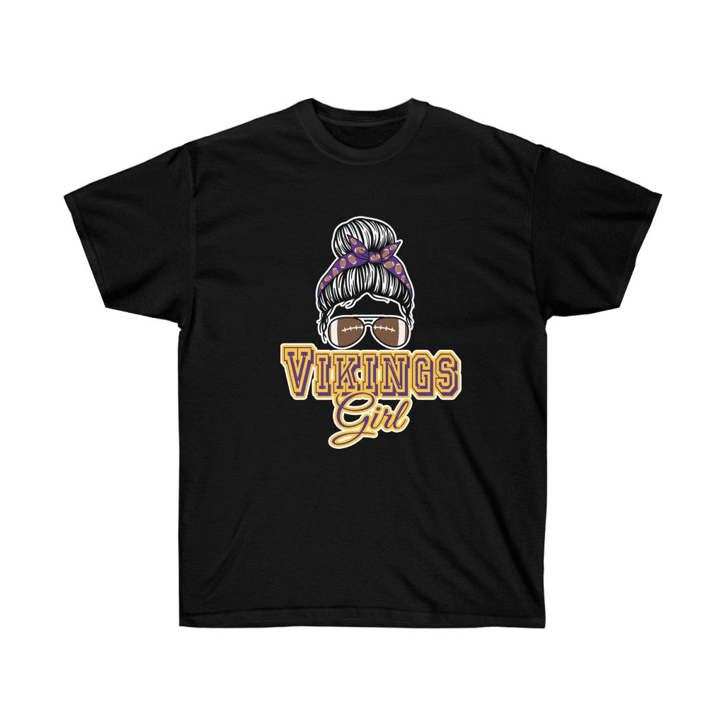 Messy Bun Football Vikings Girl T-Shirt featuring a stylish design, made from 100% soft cotton with a durable vinyl print.