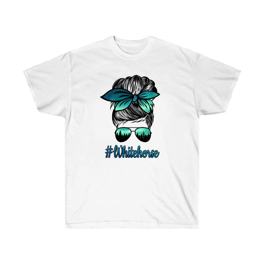 Messy Bun Whitehorse Aurora Borealis Souvenir T-Shirt featuring a vibrant vinyl print of the Northern Lights on soft cotton fabric.