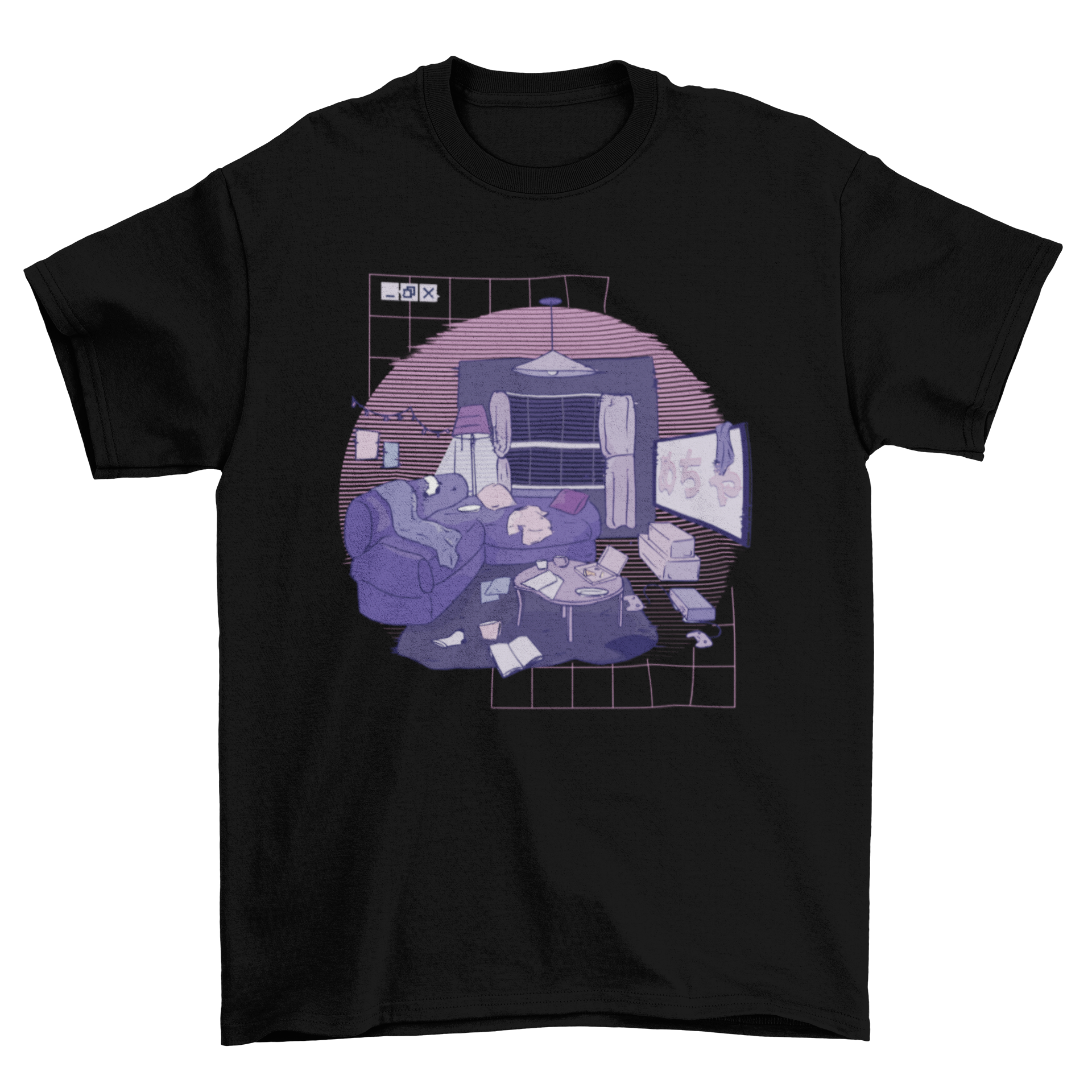 Vaporwave t-shirt design featuring a messy living room with a couch, table, and television in vibrant colors.