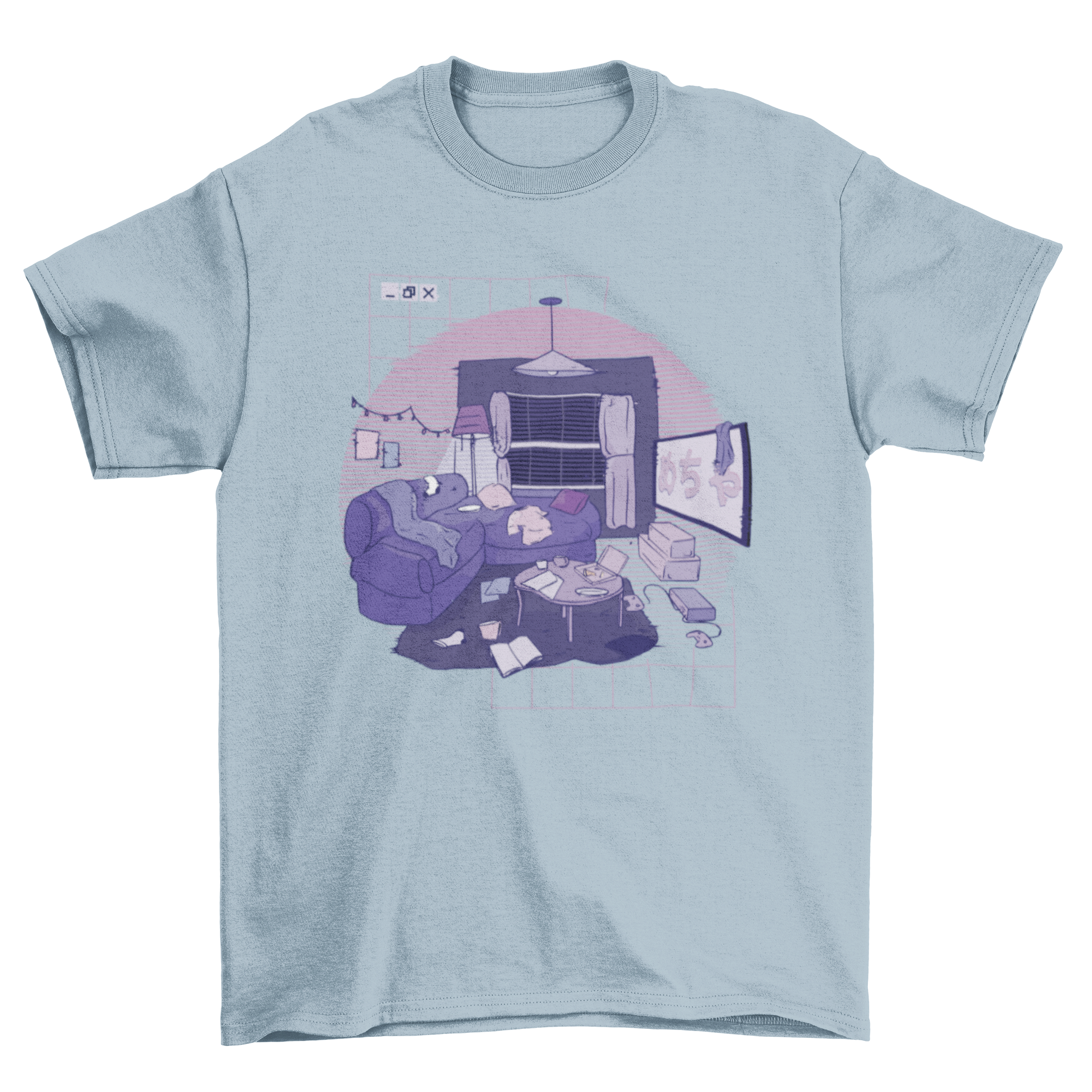 Vaporwave t-shirt design featuring a messy living room with a couch, table, and television in vibrant colors.