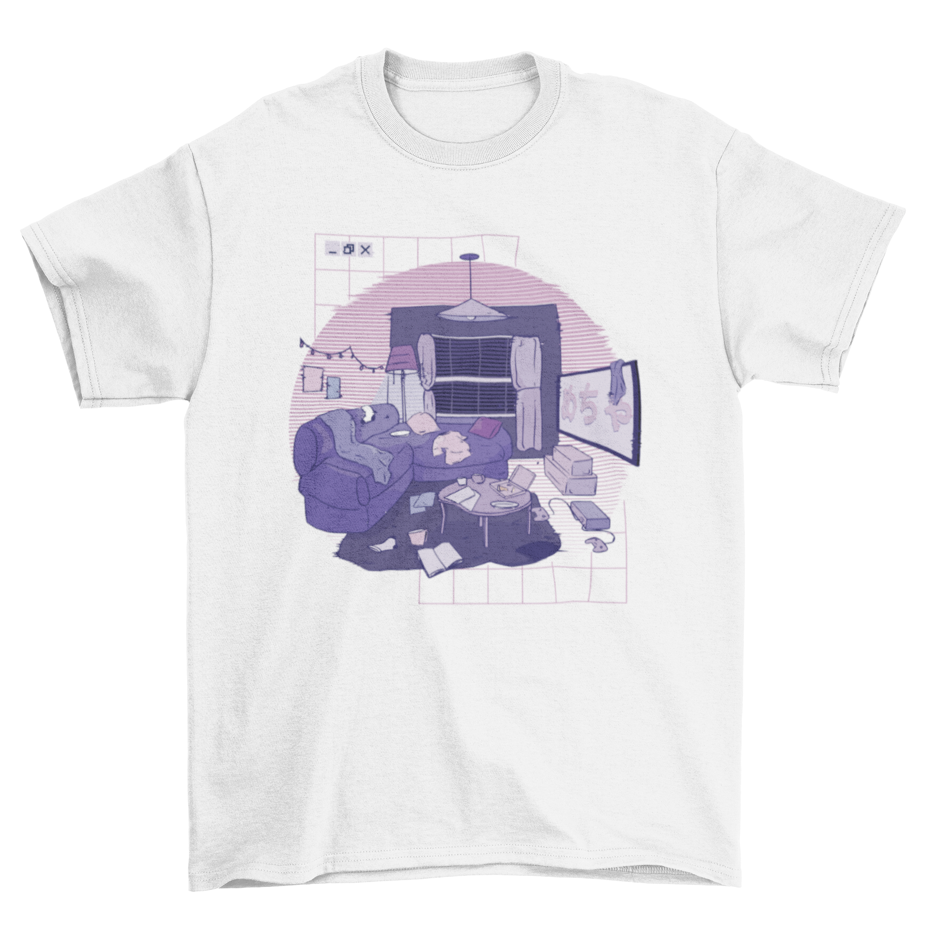 Vaporwave t-shirt design featuring a messy living room with a couch, table, and television in vibrant colors.