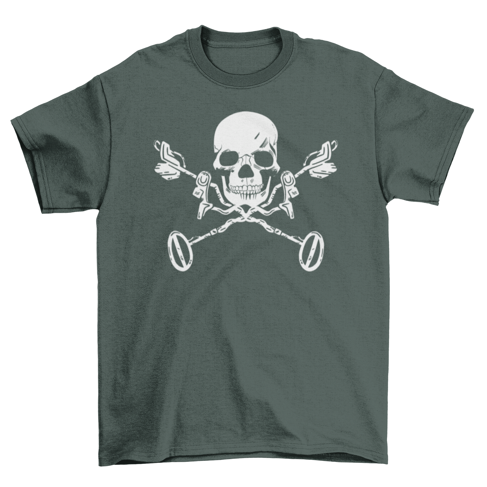 A stylish black t-shirt featuring a detailed skull illustration with metal detectors, perfect for adventure lovers.