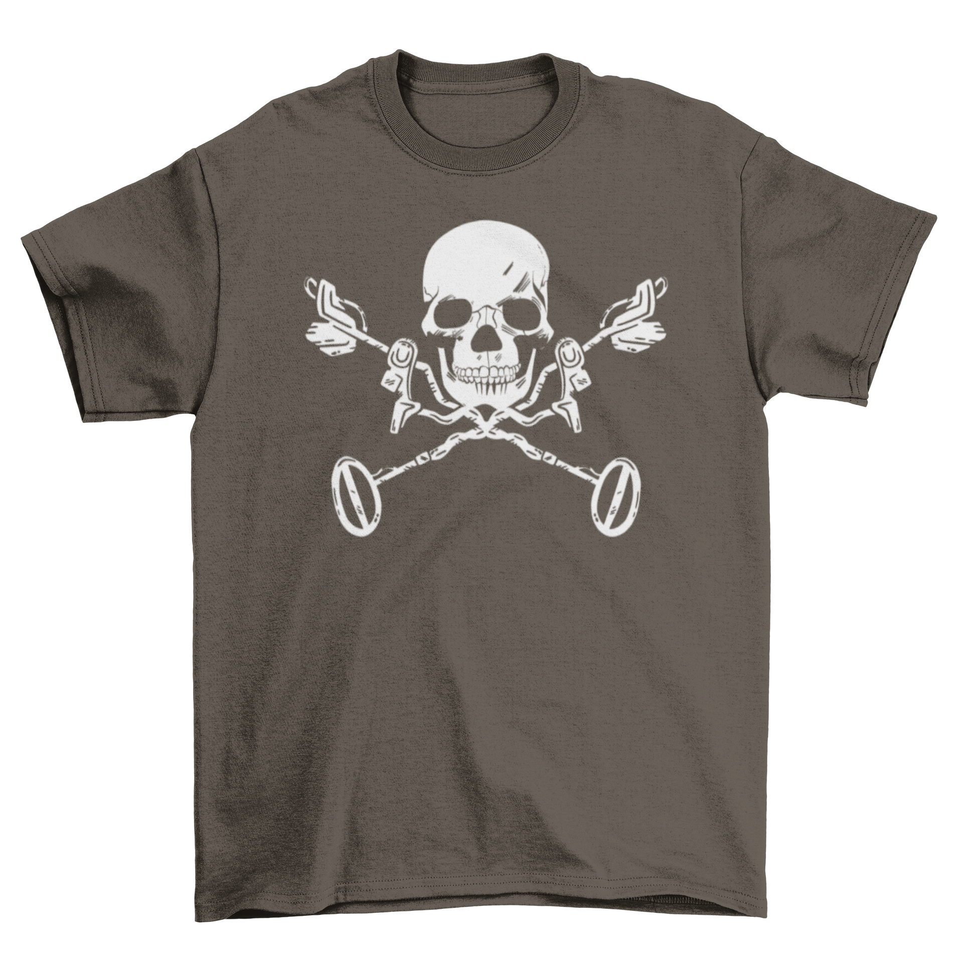 A stylish black t-shirt featuring a detailed skull illustration with metal detectors, perfect for adventure lovers.