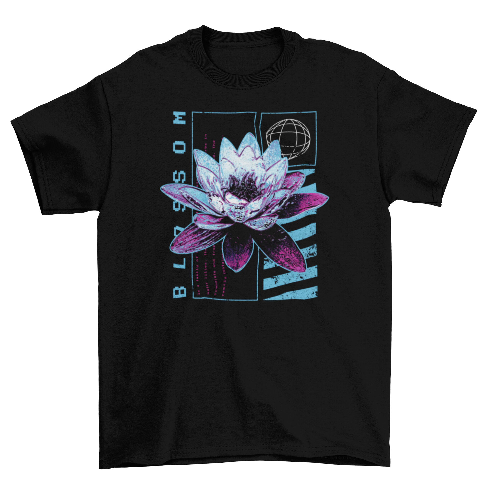 Stylish t-shirt featuring a metallic lotus flower design with the quote 'Blossom'.