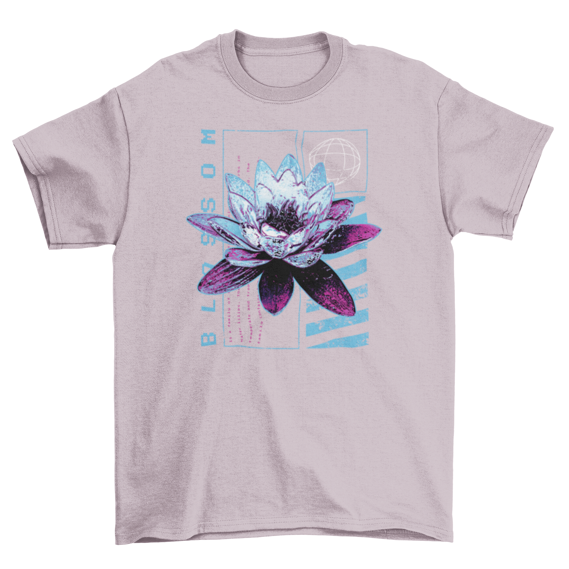 Stylish t-shirt featuring a metallic lotus flower design with the quote 'Blossom'.