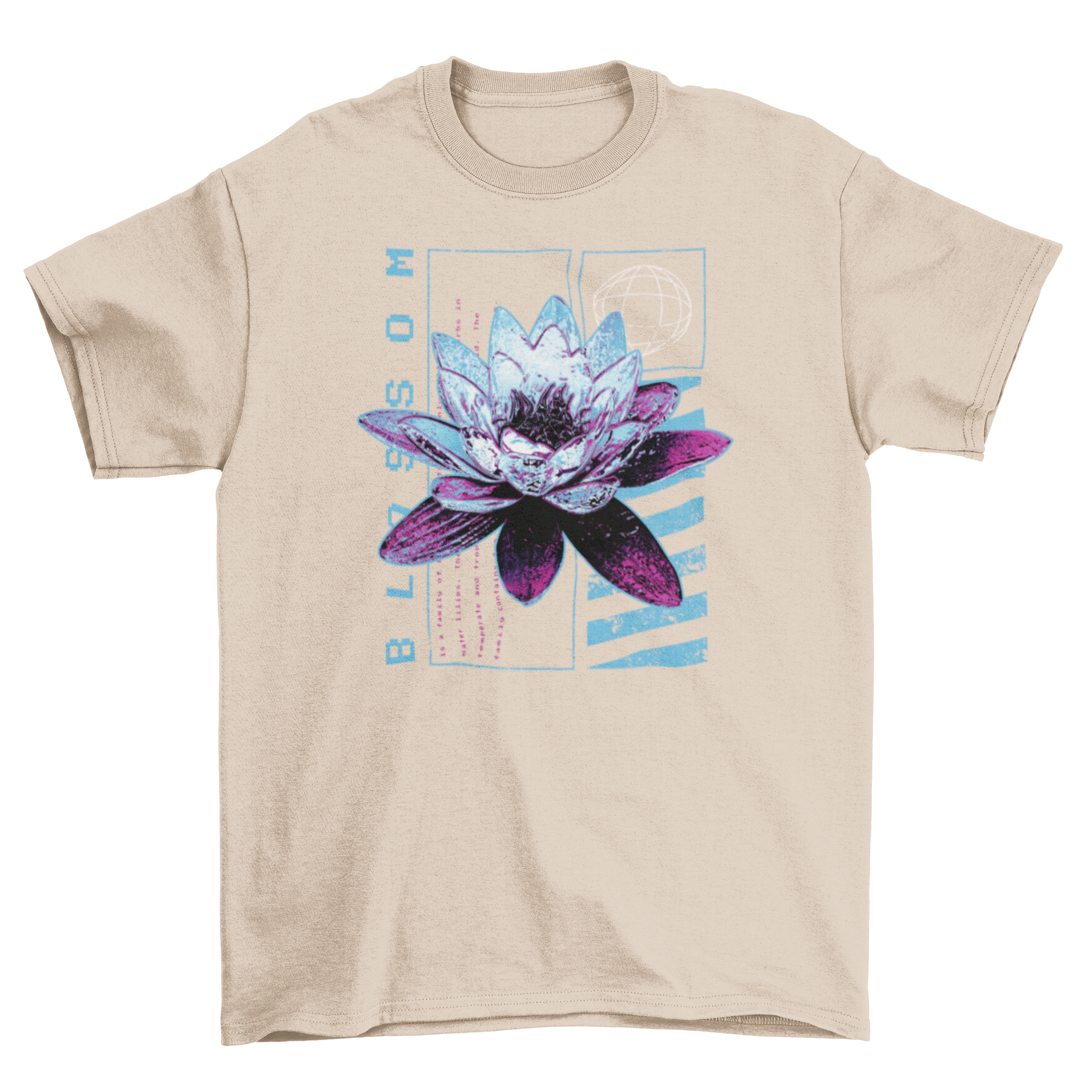 Stylish t-shirt featuring a metallic lotus flower design with the quote 'Blossom'.