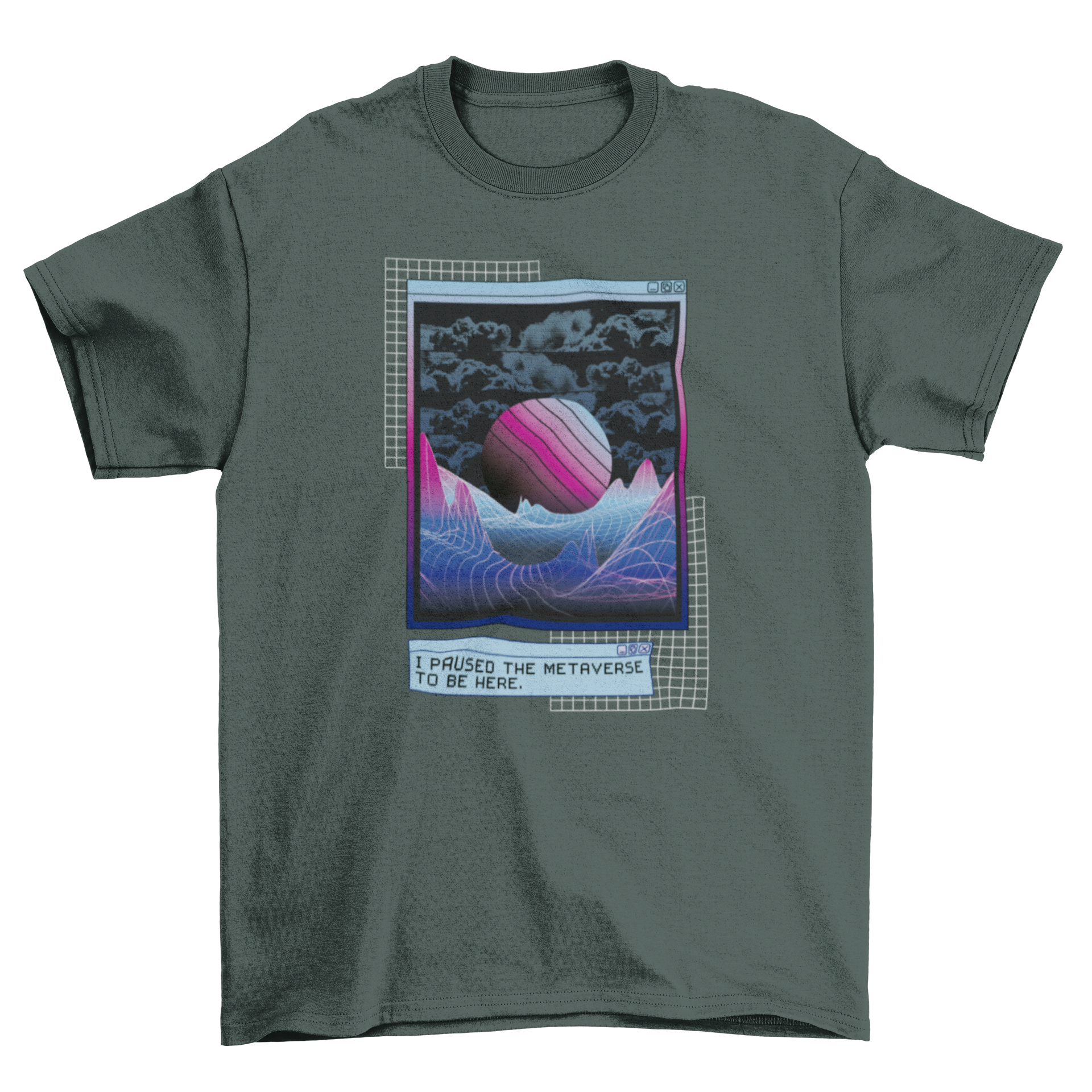 A stylish vaporwave t-shirt featuring technology-themed illustrations and the quote 'I paused the metaverse to be here'.