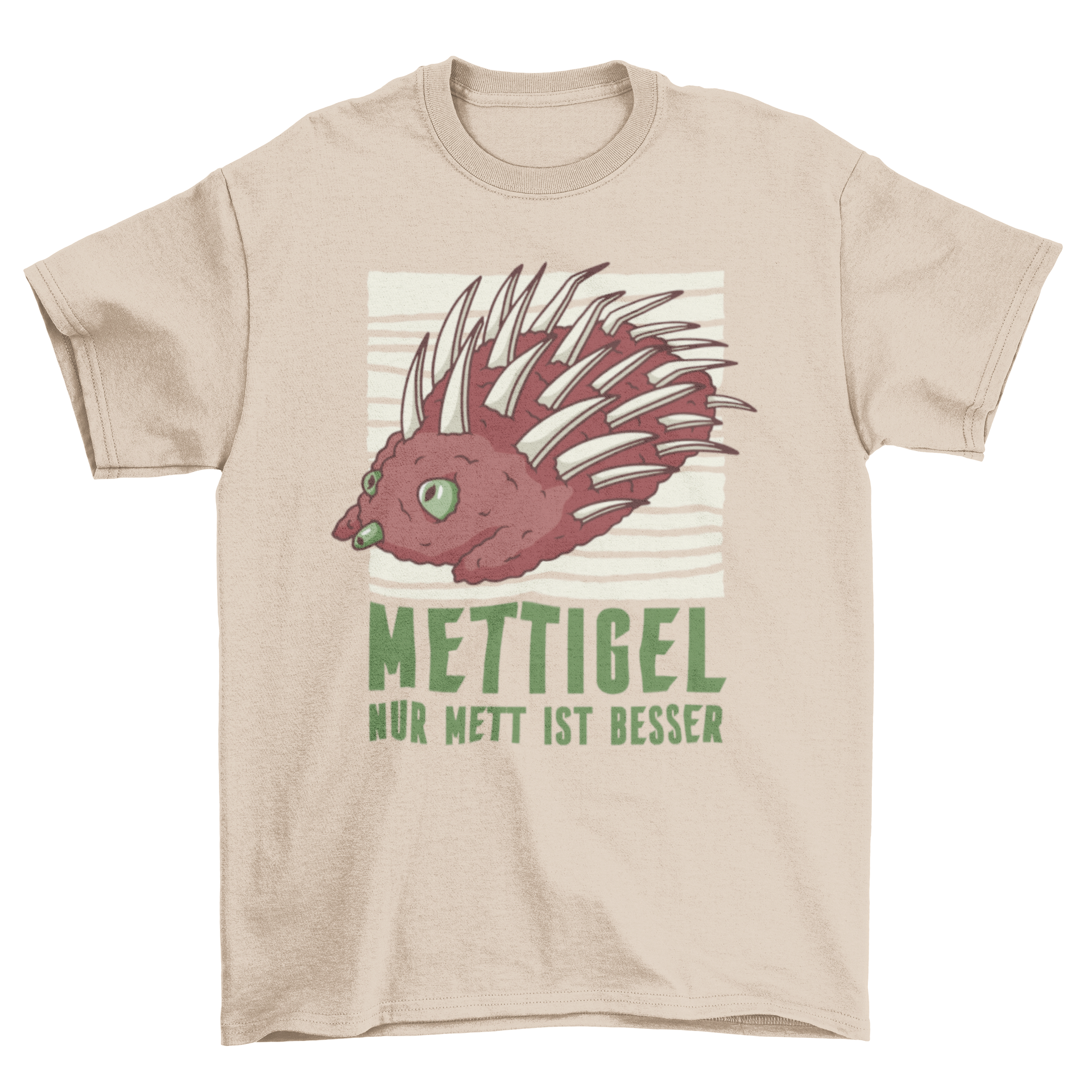 Mettigel t-shirt featuring a humorous German quote about meat, designed for comfort and style.