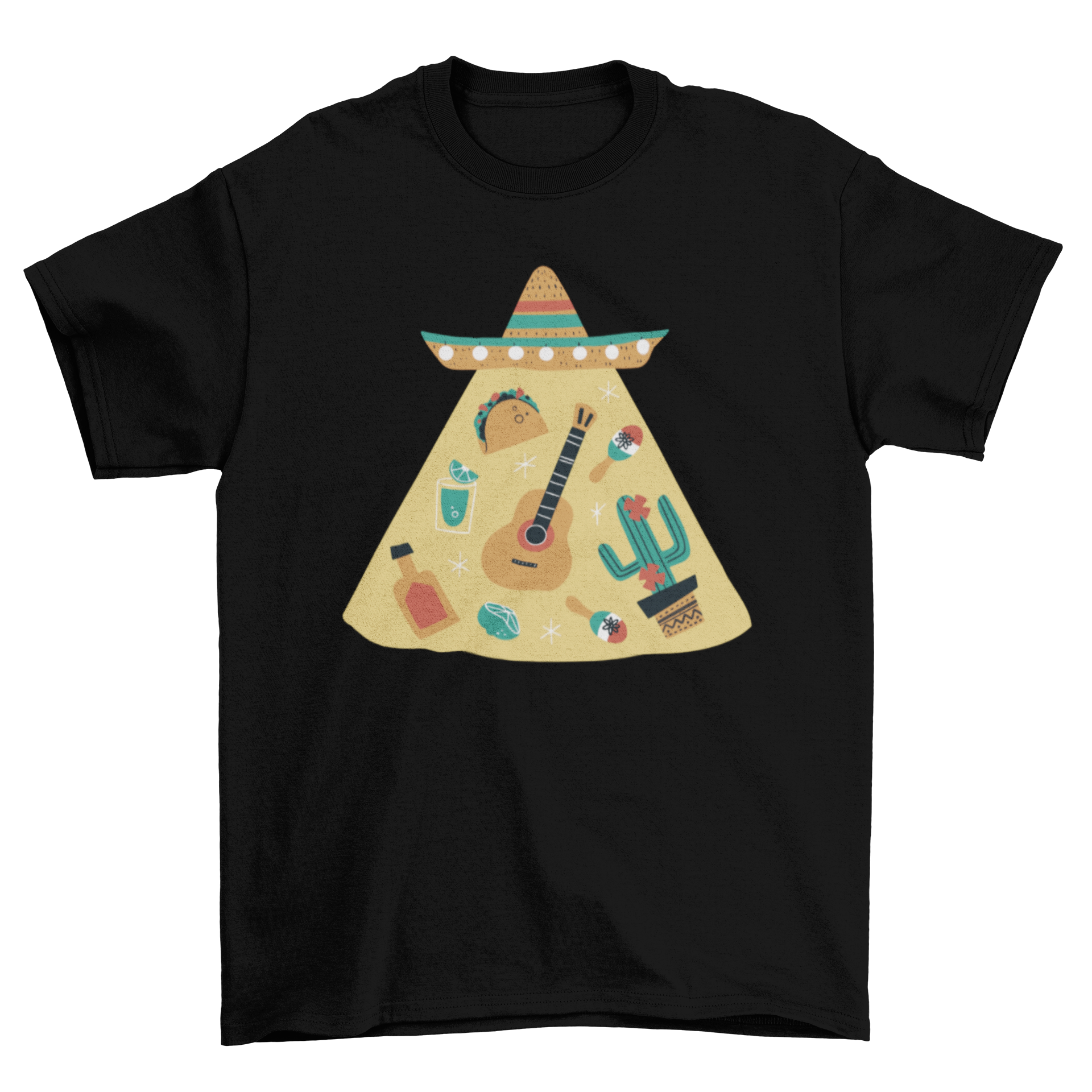 A vibrant t-shirt featuring iconic Mexican elements like tequila, guitar, and taco, showcasing colorful designs.