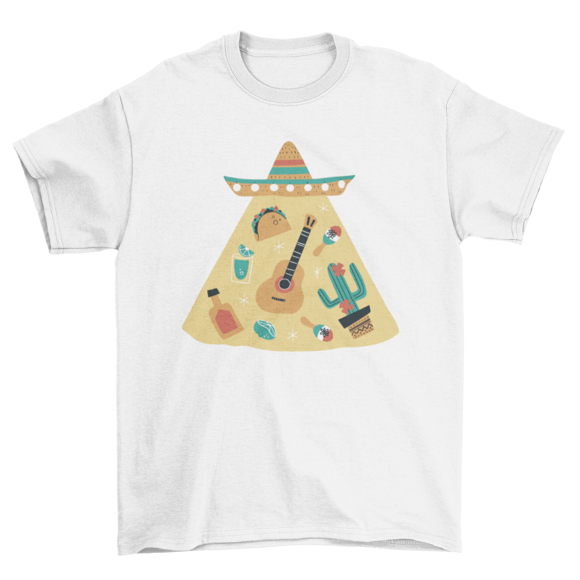 A vibrant t-shirt featuring iconic Mexican elements like tequila, guitar, and taco, showcasing colorful designs.