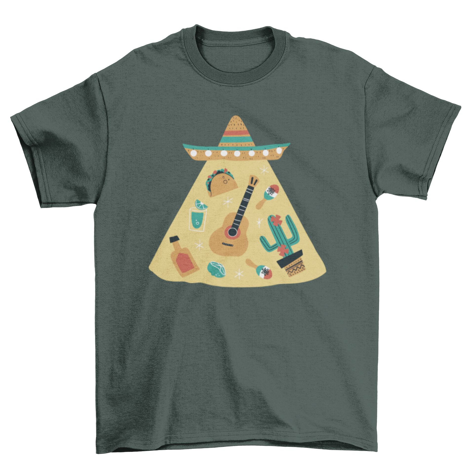 A vibrant t-shirt featuring iconic Mexican elements like tequila, guitar, and taco, showcasing colorful designs.