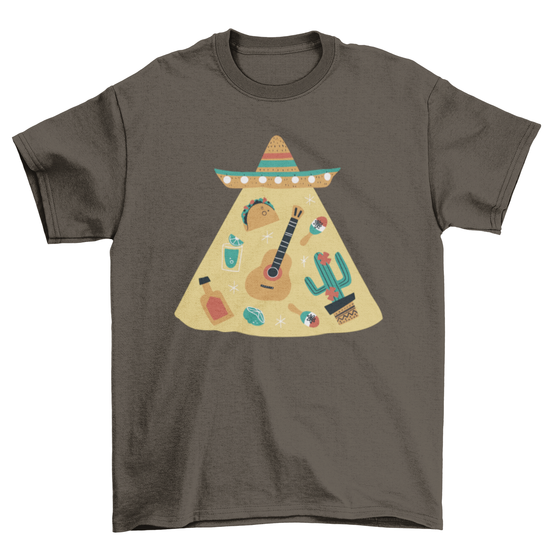 A vibrant t-shirt featuring iconic Mexican elements like tequila, guitar, and taco, showcasing colorful designs.