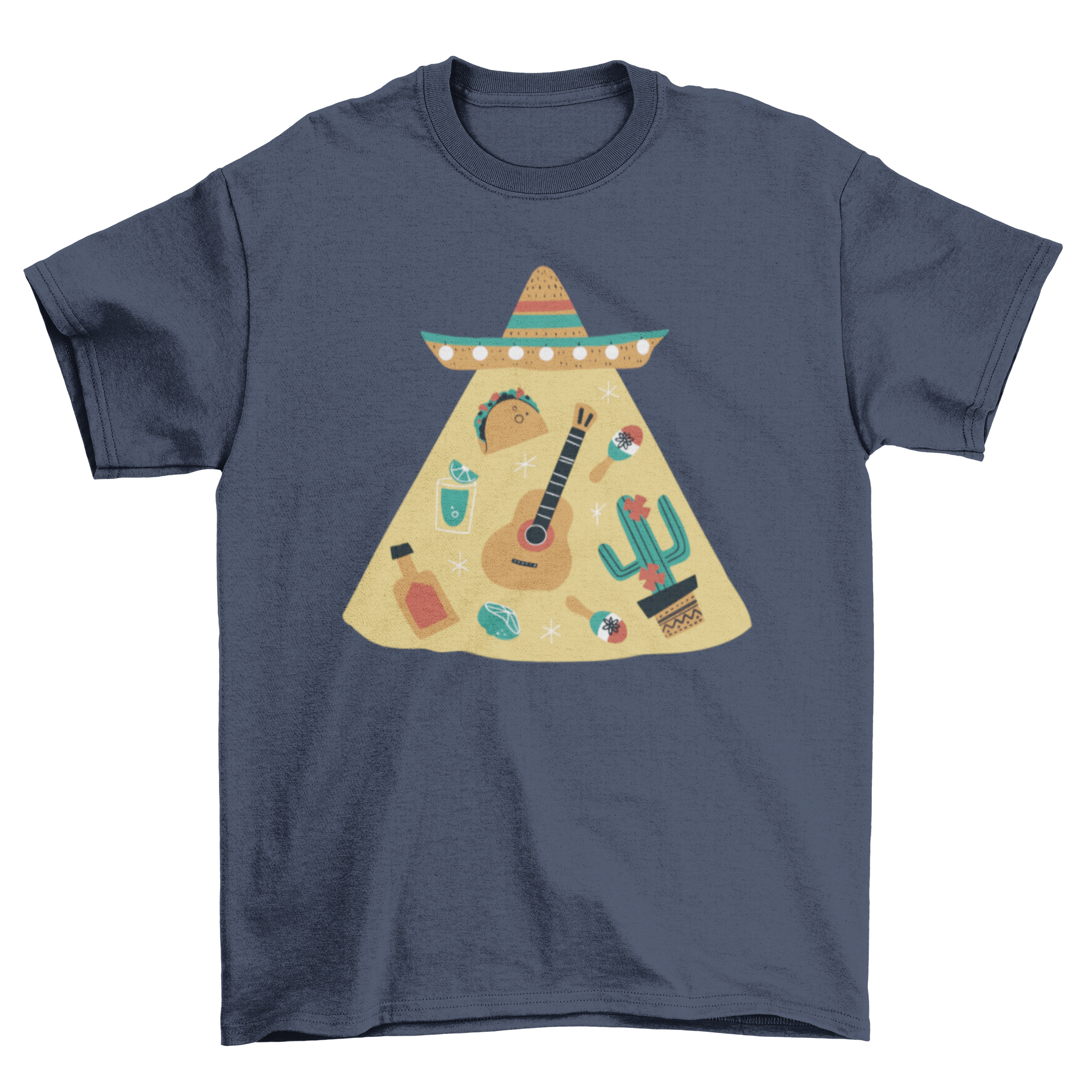 A vibrant t-shirt featuring iconic Mexican elements like tequila, guitar, and taco, showcasing colorful designs.