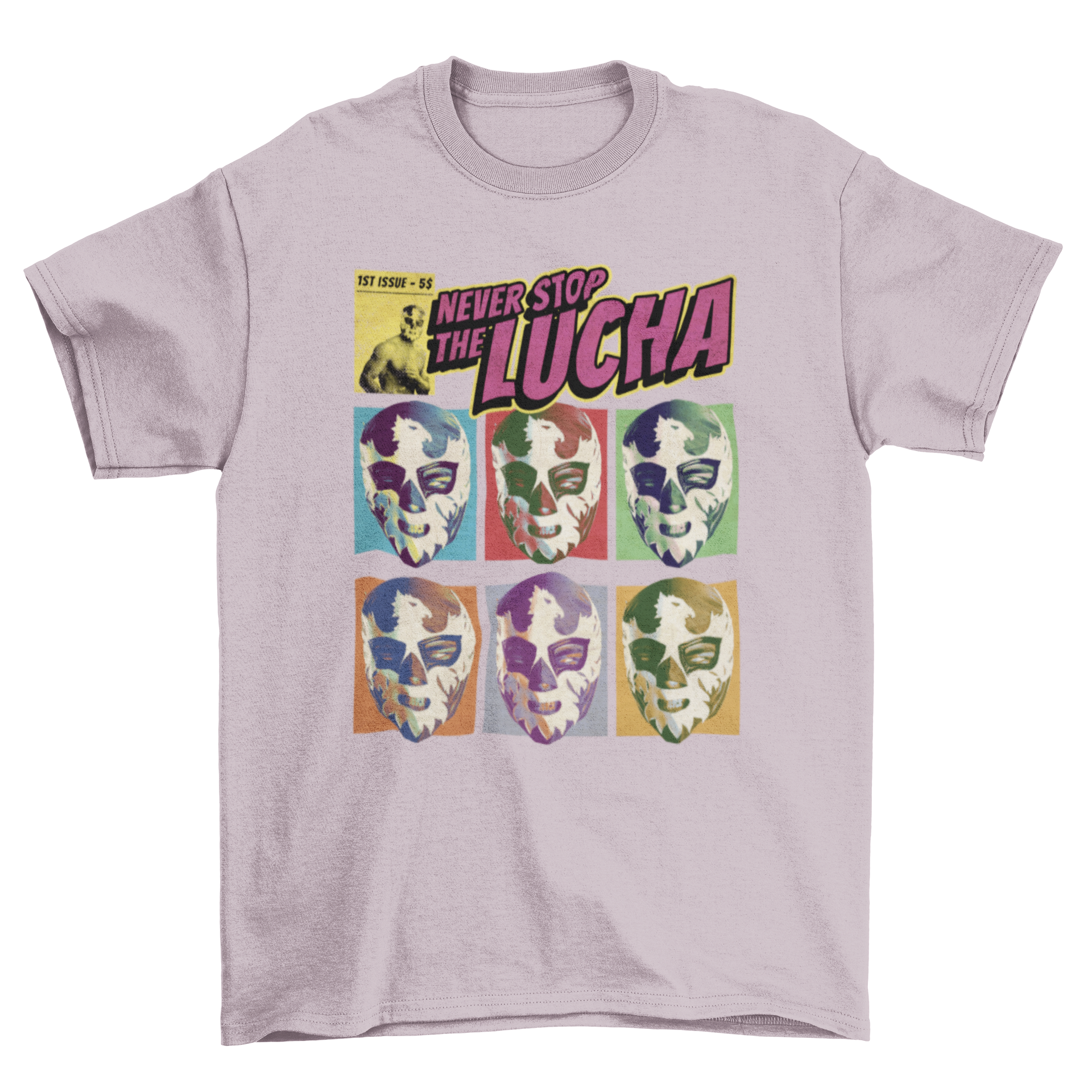 A vibrant t-shirt featuring colorful Mexican lucha libre wrestling masks and the quote 'Never stop the lucha'.