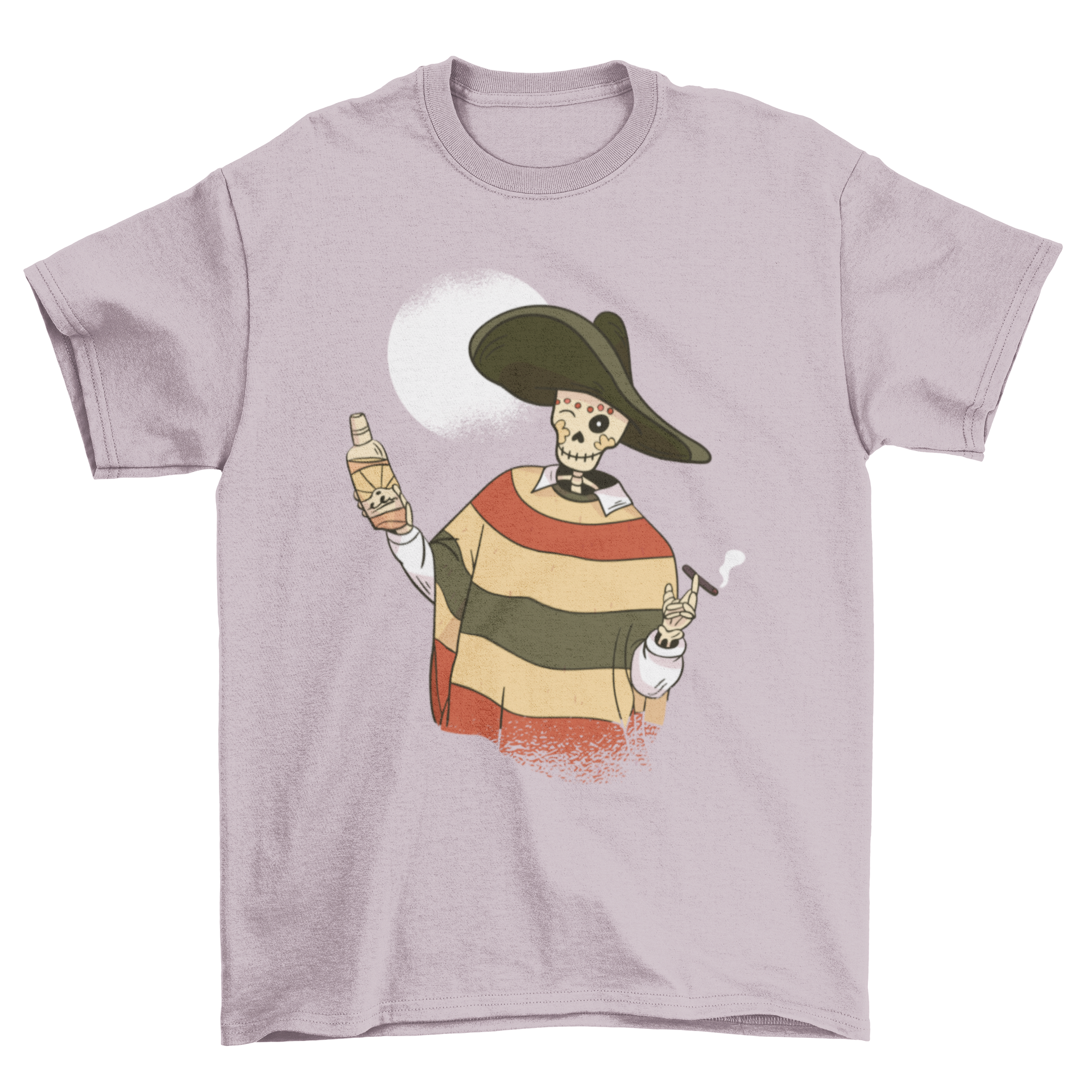 A colorful Mexican skeleton t-shirt featuring a skeleton in traditional Mexican clothing, perfect for casual wear.