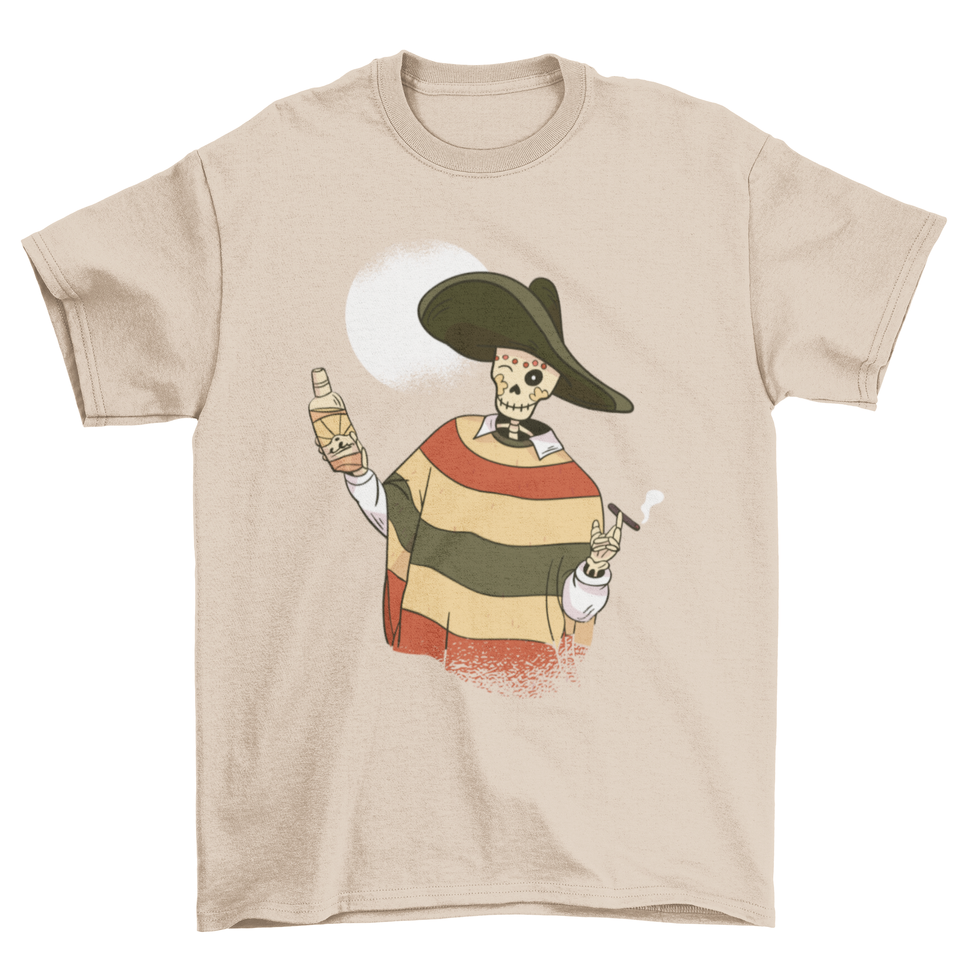 A colorful Mexican skeleton t-shirt featuring a skeleton in traditional Mexican clothing, perfect for casual wear.