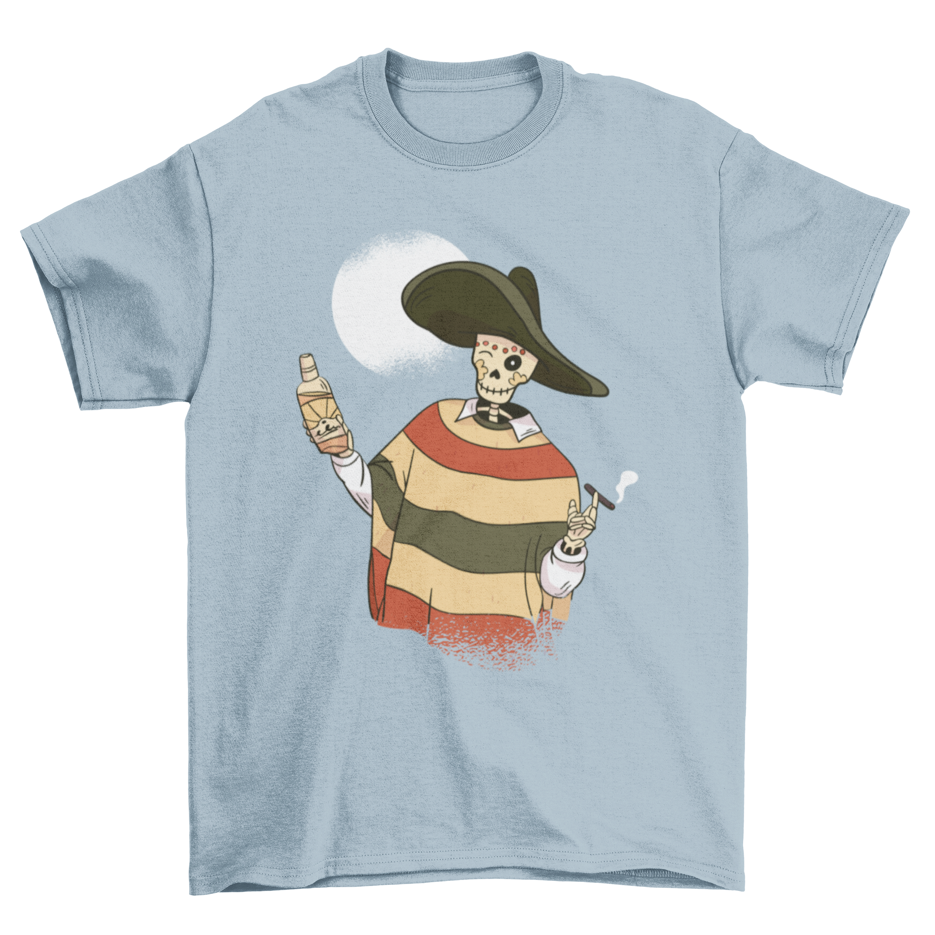 A colorful Mexican skeleton t-shirt featuring a skeleton in traditional Mexican clothing, perfect for casual wear.