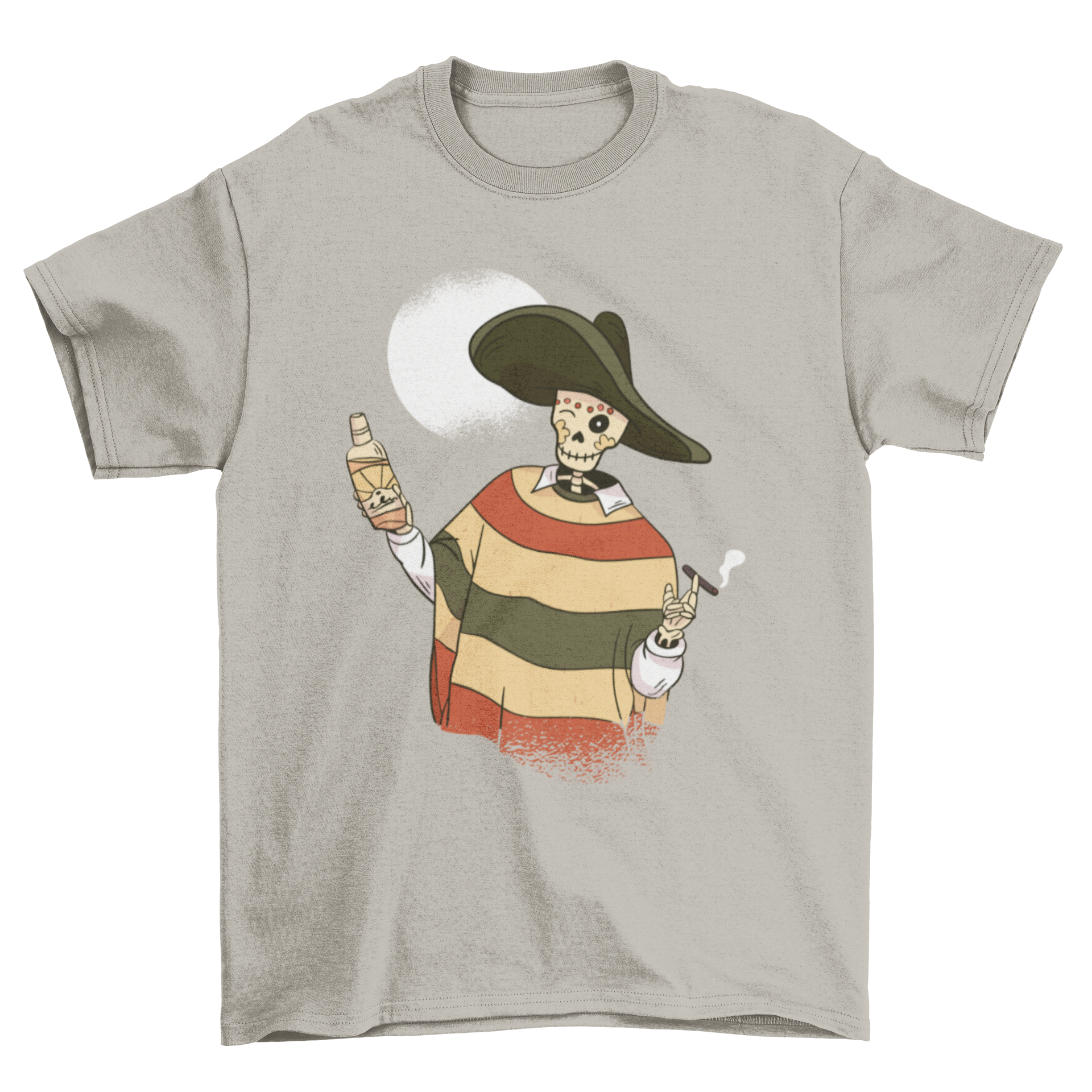 A colorful Mexican skeleton t-shirt featuring a skeleton in traditional Mexican clothing, perfect for casual wear.