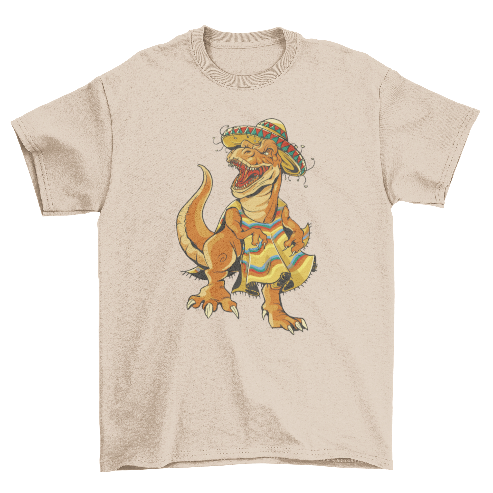 A colorful T-shirt featuring a Mexican T-Rex dinosaur wearing a poncho and sombrero, showcasing a fun and humorous design.