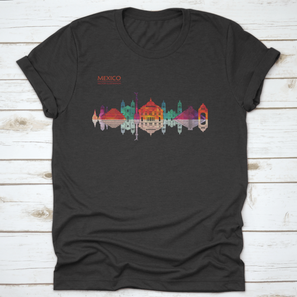 A stylish travel destination shirt featuring Mexico's famous landmarks skyline design, made from high-quality cotton fabric.