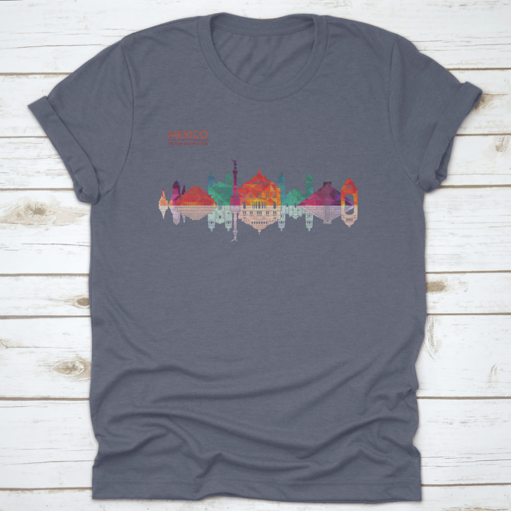 A stylish travel destination shirt featuring Mexico's famous landmarks skyline design, made from high-quality cotton fabric.