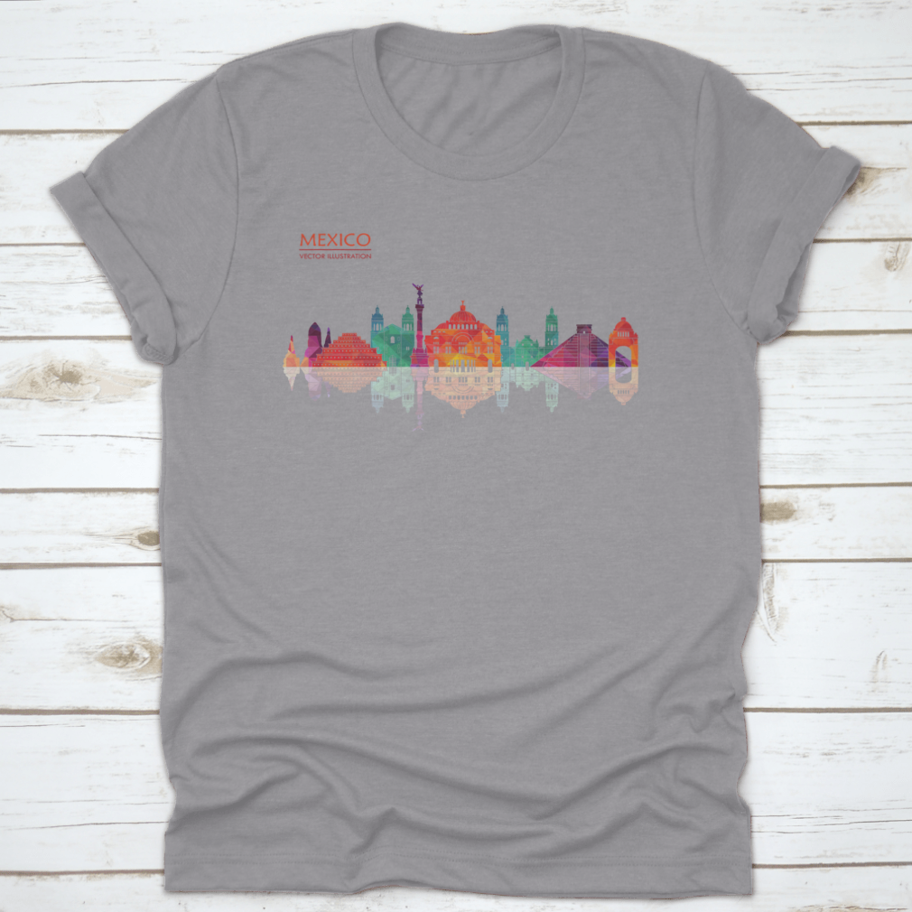 A stylish travel destination shirt featuring Mexico's famous landmarks skyline design, made from high-quality cotton fabric.