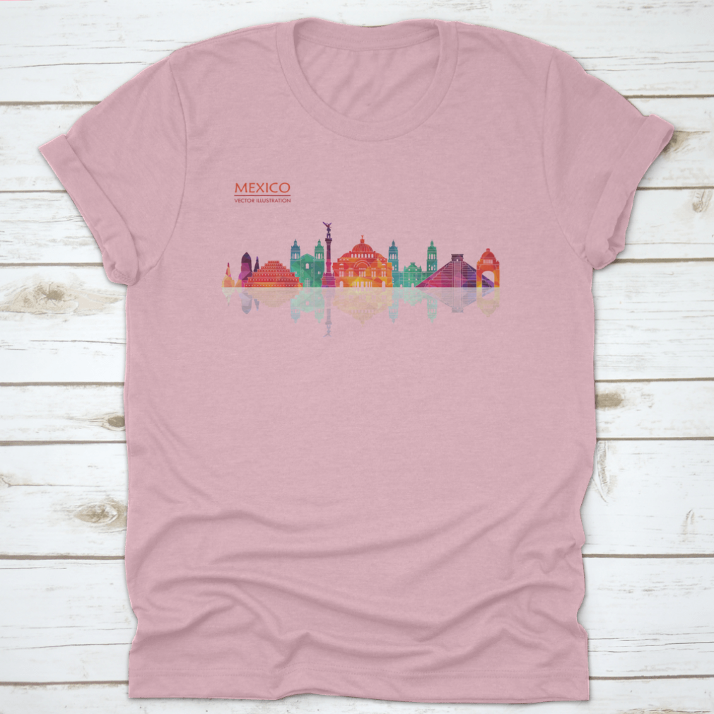 A stylish travel destination shirt featuring Mexico's famous landmarks skyline design, made from high-quality cotton fabric.