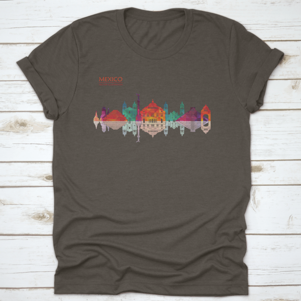 A stylish travel destination shirt featuring Mexico's famous landmarks skyline design, made from high-quality cotton fabric.