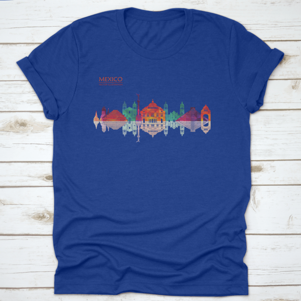 A stylish travel destination shirt featuring Mexico's famous landmarks skyline design, made from high-quality cotton fabric.