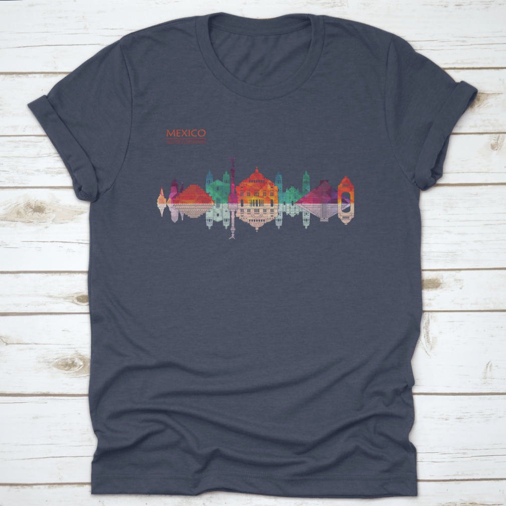 A stylish travel destination shirt featuring Mexico's famous landmarks skyline design, made from high-quality cotton fabric.