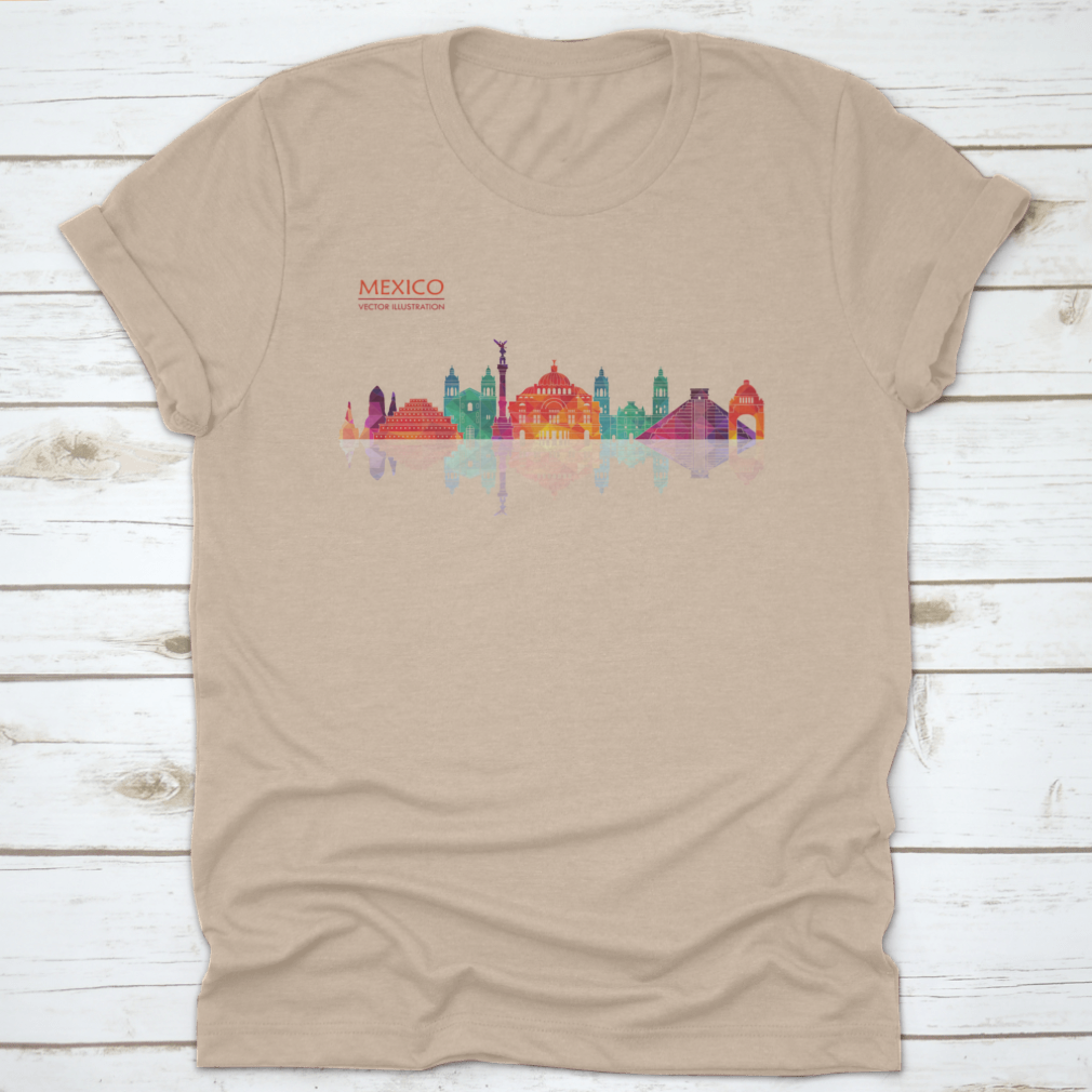 A stylish travel destination shirt featuring Mexico's famous landmarks skyline design, made from high-quality cotton fabric.