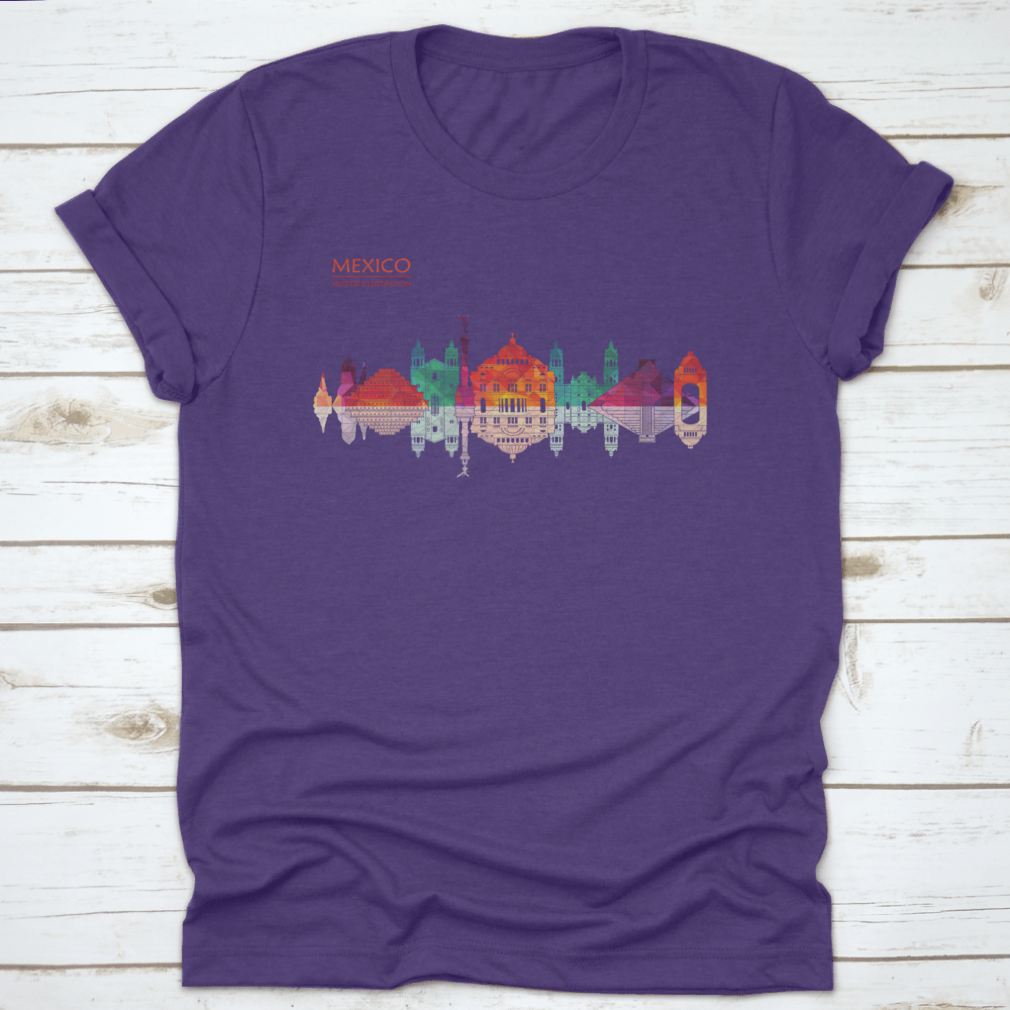 A stylish travel destination shirt featuring Mexico's famous landmarks skyline design, made from high-quality cotton fabric.