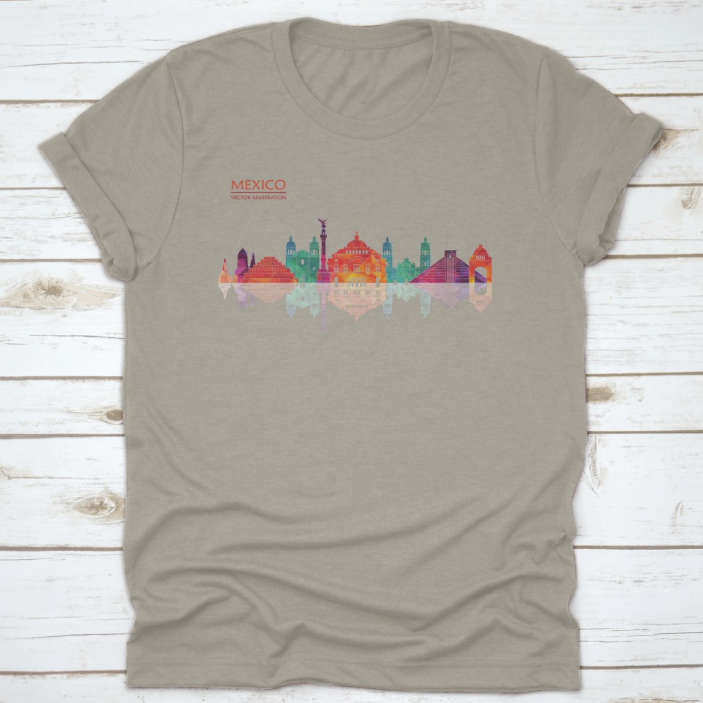 A stylish travel destination shirt featuring Mexico's famous landmarks skyline design, made from high-quality cotton fabric.