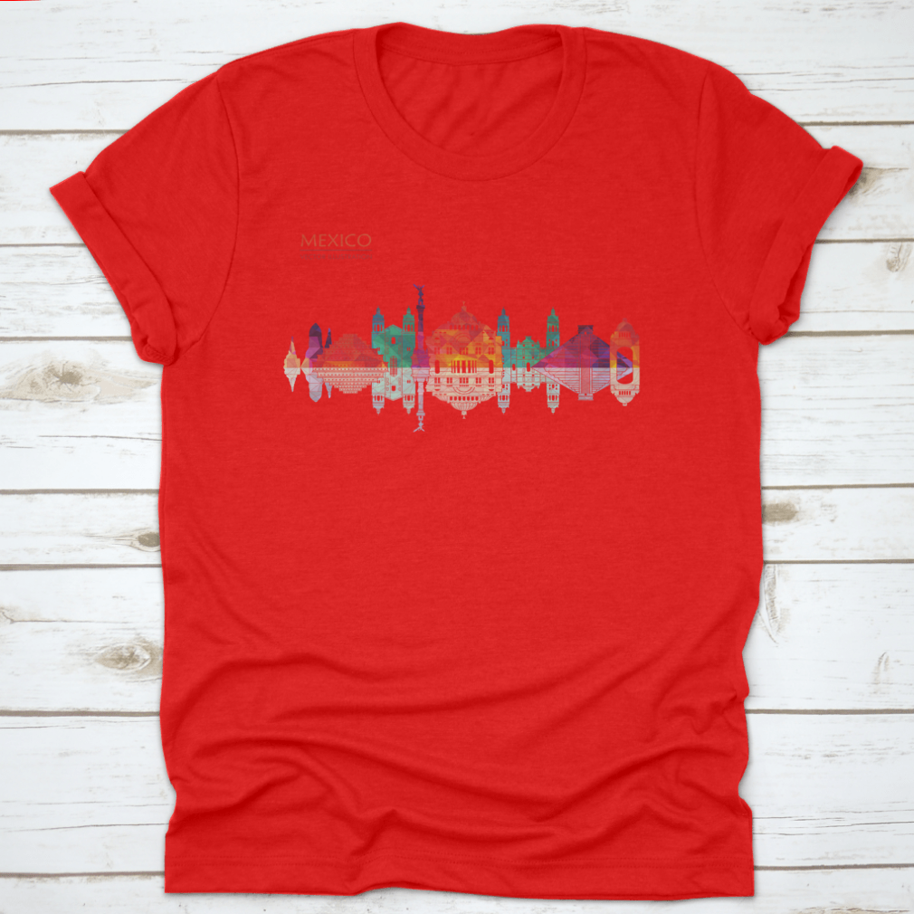 A stylish travel destination shirt featuring Mexico's famous landmarks skyline design, made from high-quality cotton fabric.